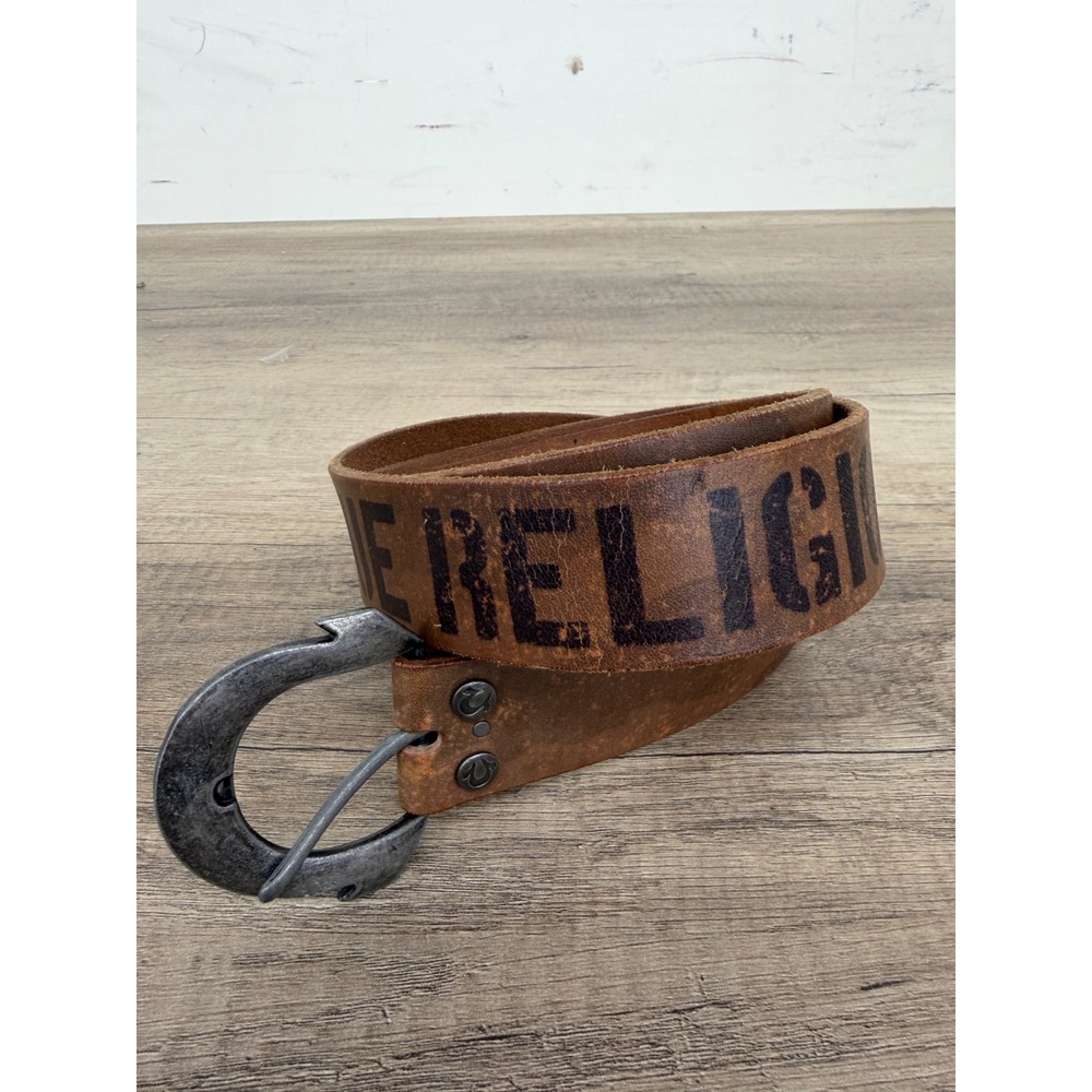 True‎ Religion Mens Brown Distressed Leather Logo Belt Horseshoe Buckle Size  40